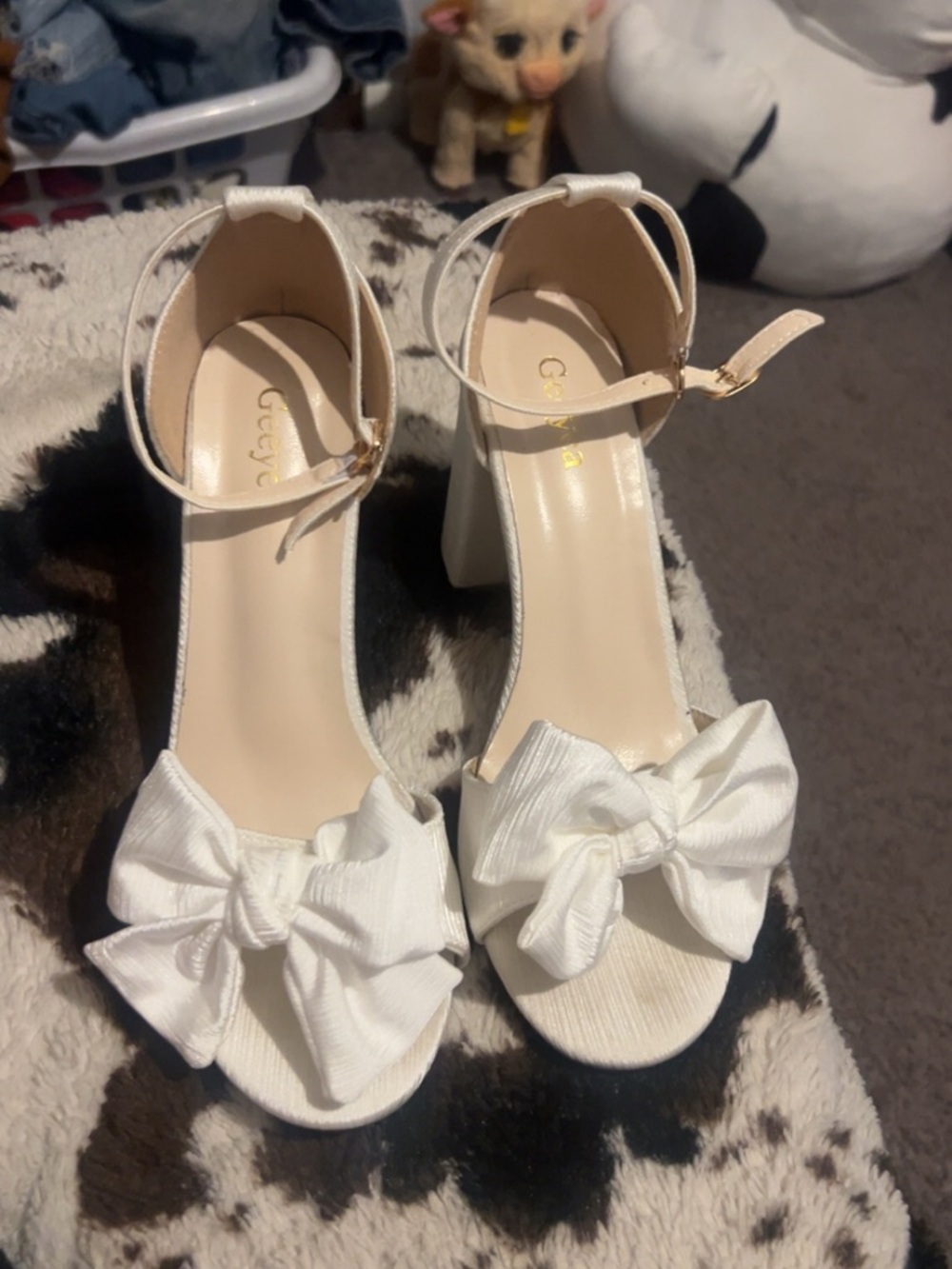 White Bow Ankle-Strap Block Heel Sandals